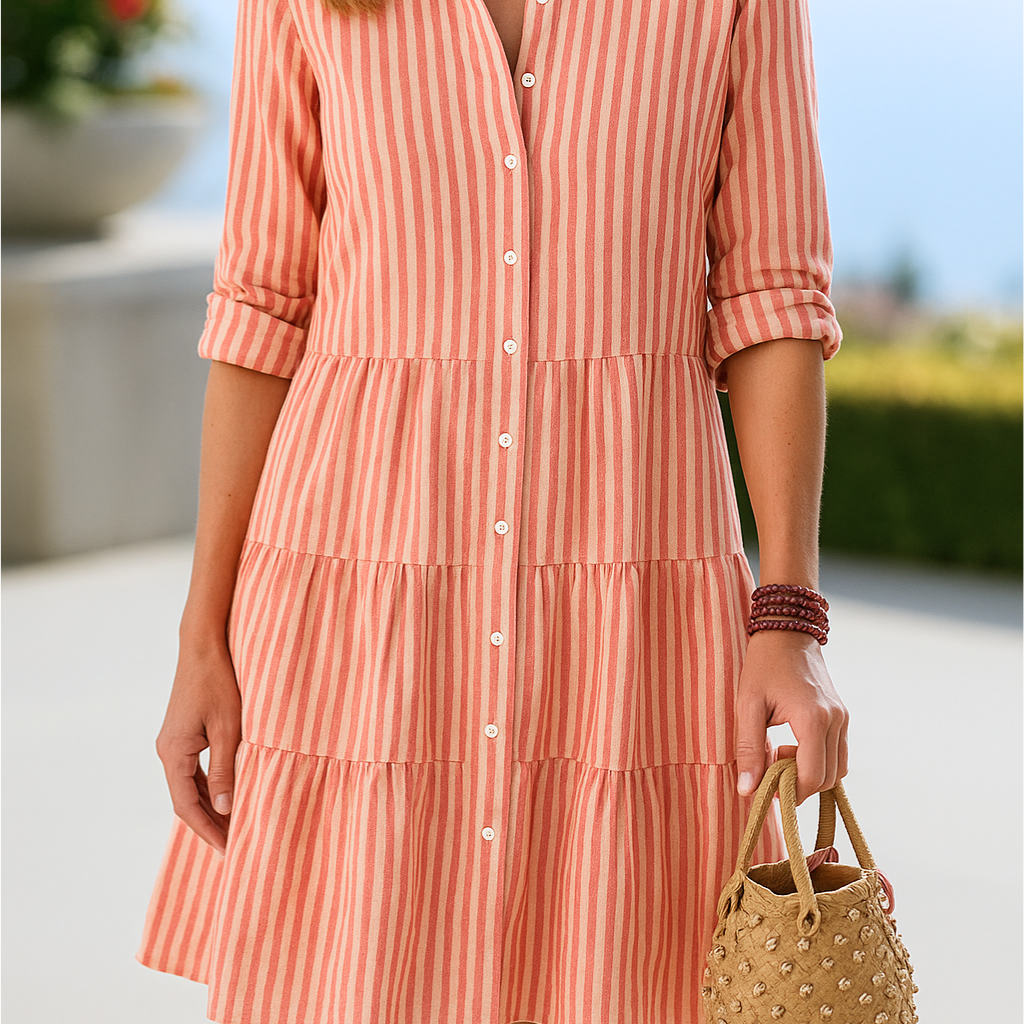 Esther™ | Elegante vestido camisa riscado com mangas longas