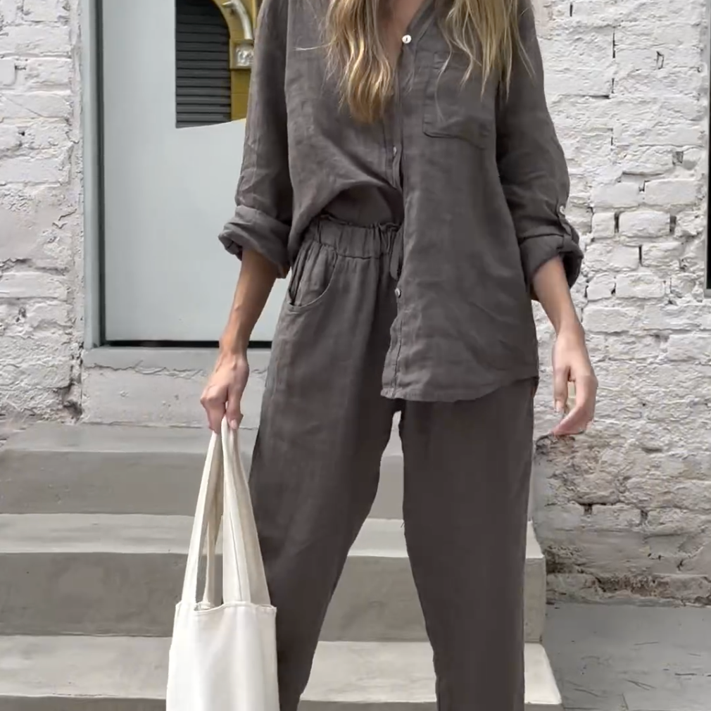 Marjan™ | Elegante conjunto de camisa e calças em linho de duas peças