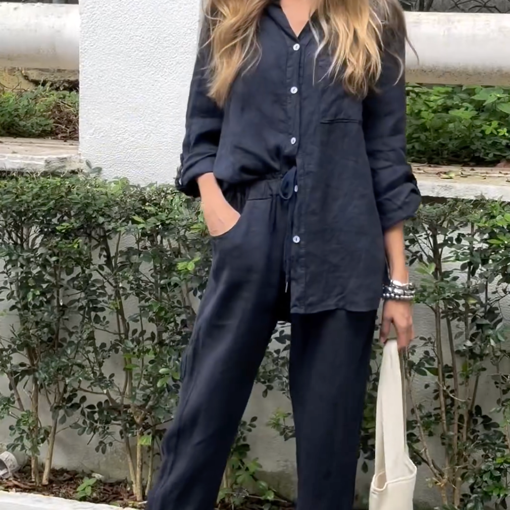 Marjan™ | Elegante conjunto de camisa e calças em linho de duas peças