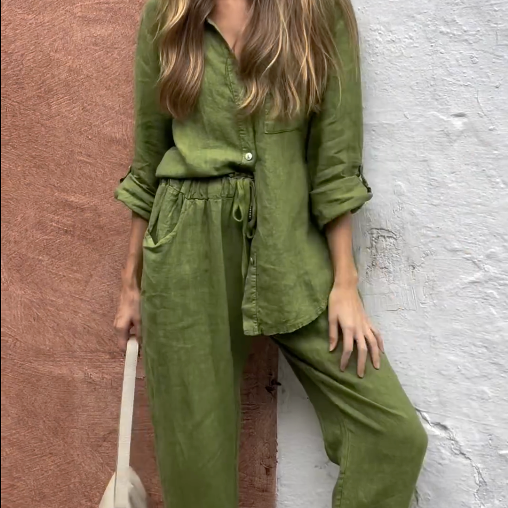 Marjan™ | Conjunto elegante de camisa de linho e calças em duas peças