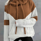 Pullover rosa com design de bloco de cor, cordão e capuz