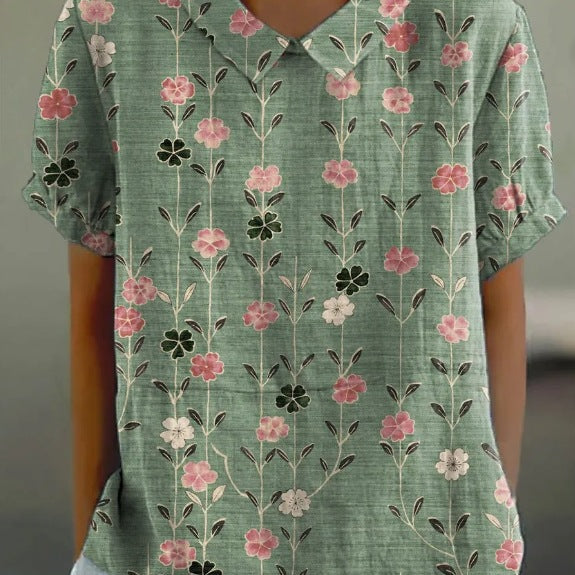 JANE™ | Blusa de Algodão e Linho com Motivo Floral Pastoral