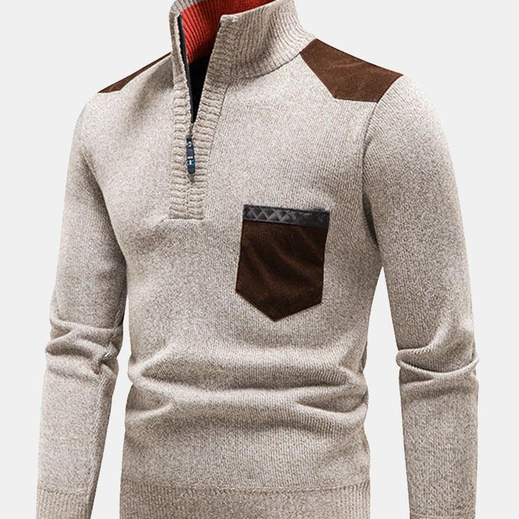 Marlou | Sweater de Meio Zíper com Painel de Bolso em Contraste