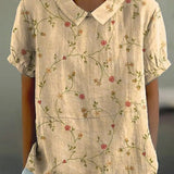 JANE™ | Blusa de Algodão e Linho com Motivo Floral Pastoral