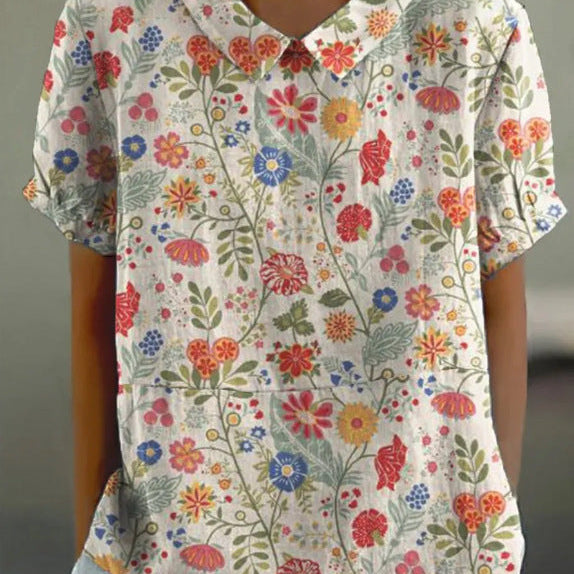 JANE™ | Blusa de Algodão e Linho com Motivo Floral Pastoral