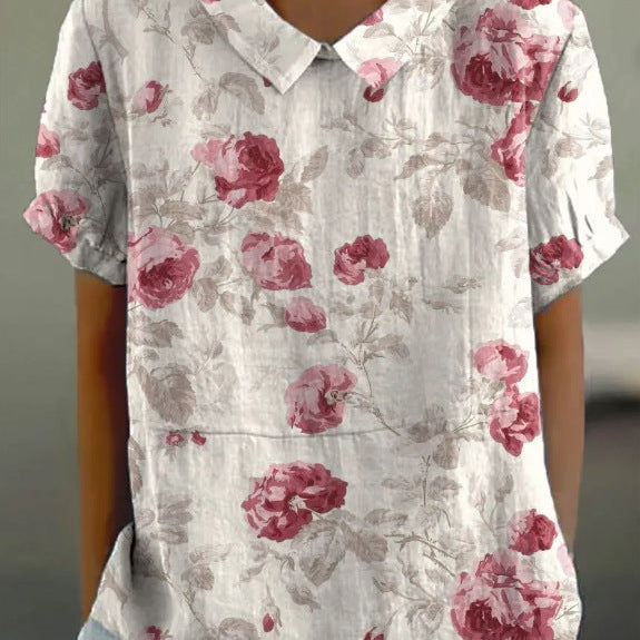 JANE™ | Blusa de Algodão e Linho com Motivo Floral Pastoral