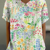 JANE™ | Blusa de Algodão e Linho com Motivo Floral Pastoral